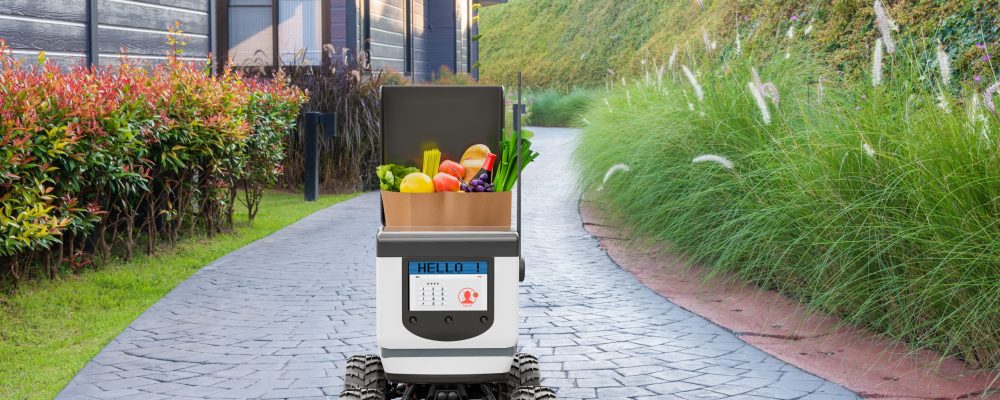 Autonomous robots deliver food to customers, Smart artificial intelligence technology concept Autonomous robots deliver food to customers, Smart artificial intelligence technology concept