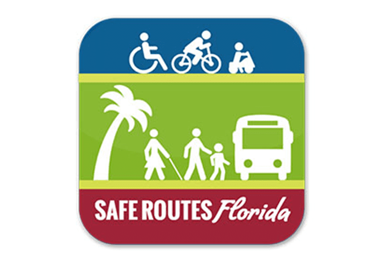 A square icon with the words safe routes florida written in white.