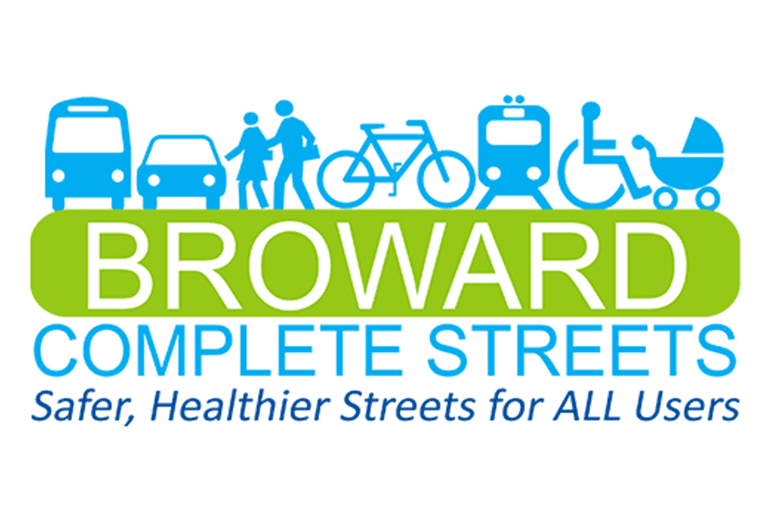 A blue and green logo for broward complete streets.