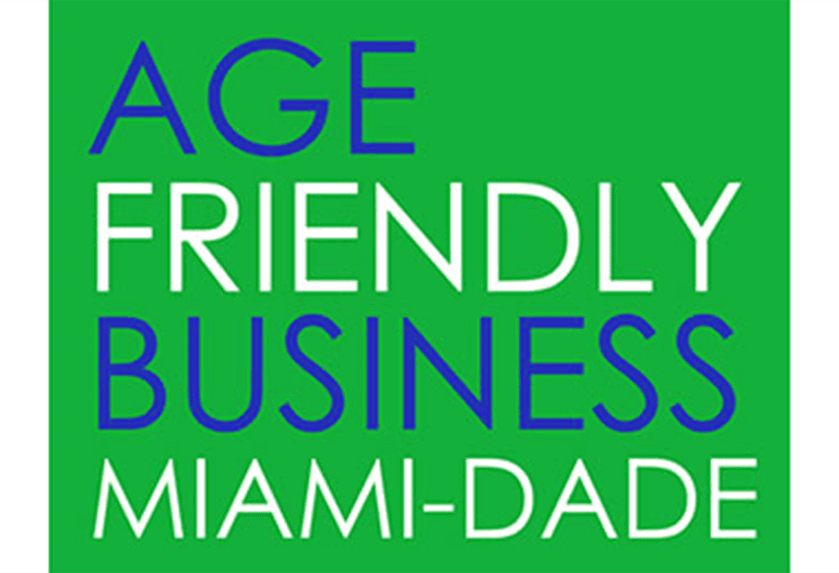 A green background with the words age friendly business miami-dade.