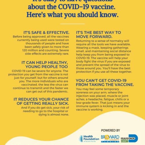 A yellow and white poster with information about covid-1 9 vaccine.