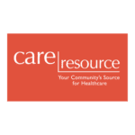 A red and white logo for care resource.