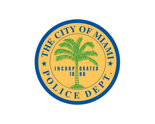 A blue and yellow logo of the city of miami police department.