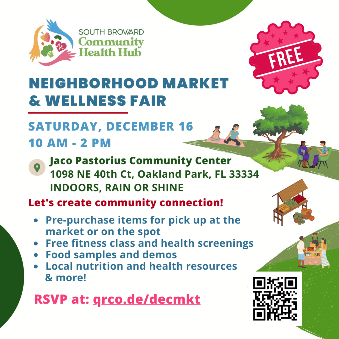 A flyer for the neighborhood market and wellness fair.