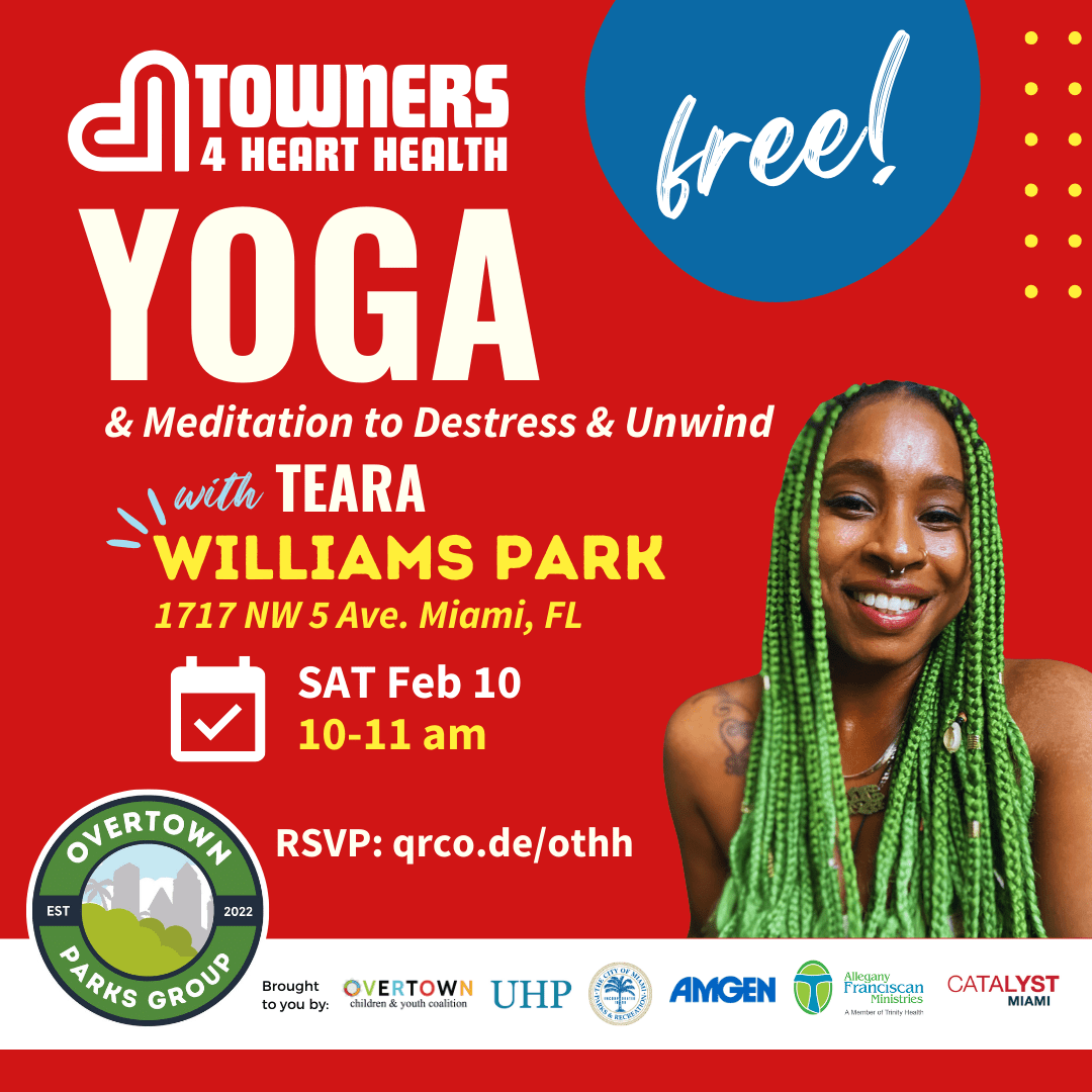 A poster for yoga and meditation with teara williams park.